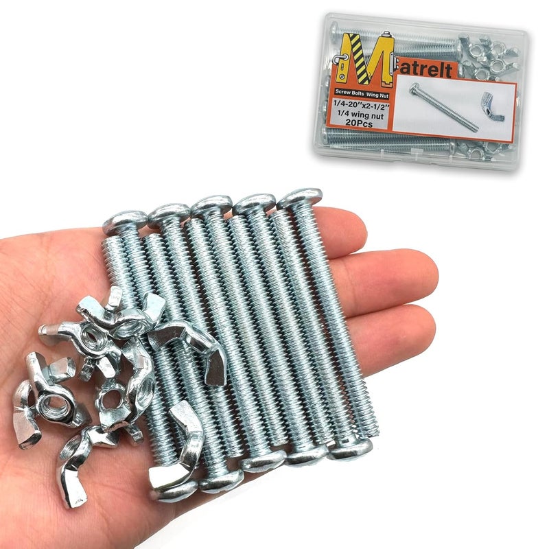 Matrelt 20Pack 1/4"-20 x2-1/2 Screw Bolts and Wing Nut Kit 10pcs Machine Screws with Round Head Phillips 10pcs Butterfly Hand Twist Tighten Nut Zinc Plated Hardware Fitting Fastenings Assortment Kit - Image 1